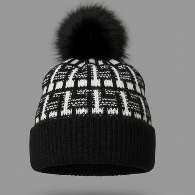 BLACK POM POM 100% WOOL HAT