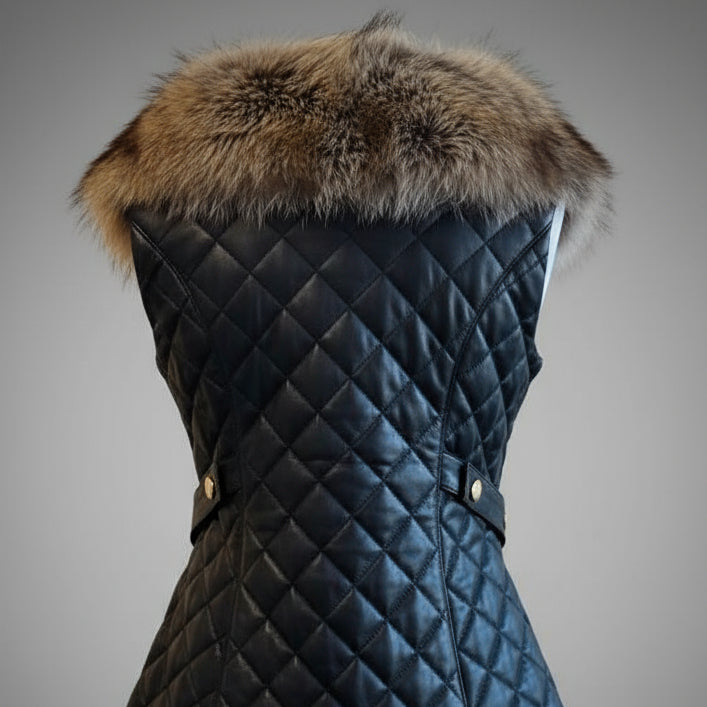 BLACK LEATHER & SILVER BROWN FOX VEST