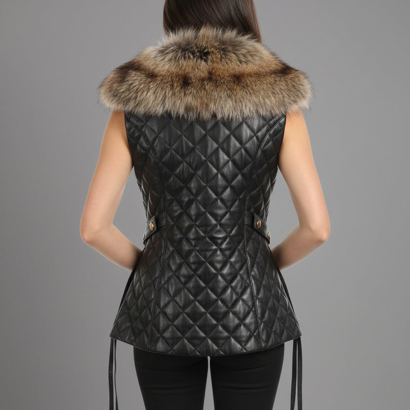 BLACK LEATHER & SILVER BROWN FOX VEST