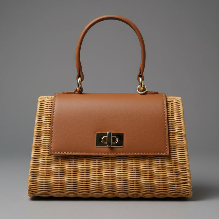 YASMIN WICKER AND LEATHER BAG