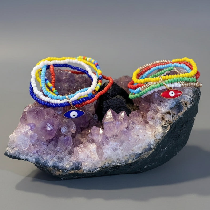 BEADED BRACELET SET WITH EVIL EYE