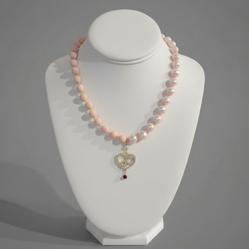 PINK CORAL PEARLS W/ CZ HEART NECKLACE