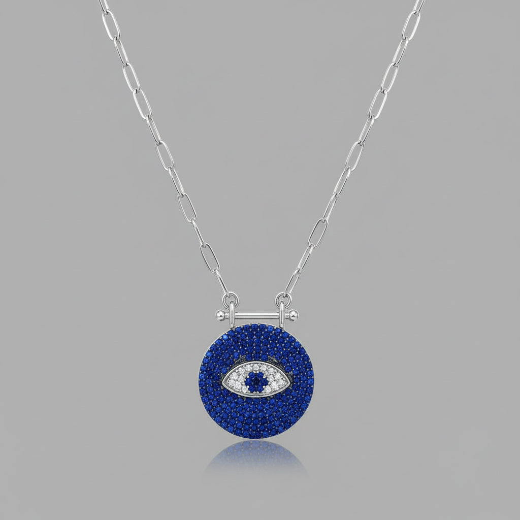 STERLING SILVER BLUE CZ EVIL EYE NECKLACE