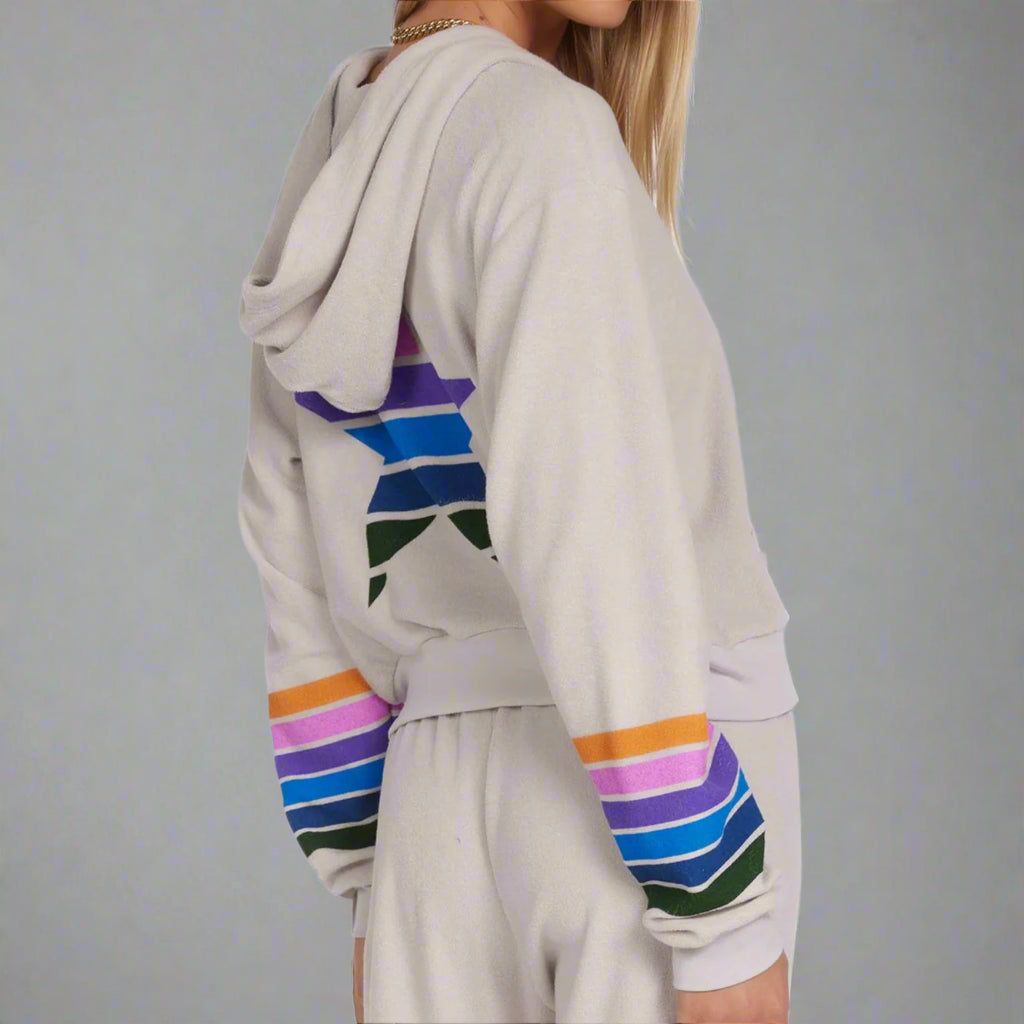 Light gray hoodie with colorful sleeve designs on a white background
