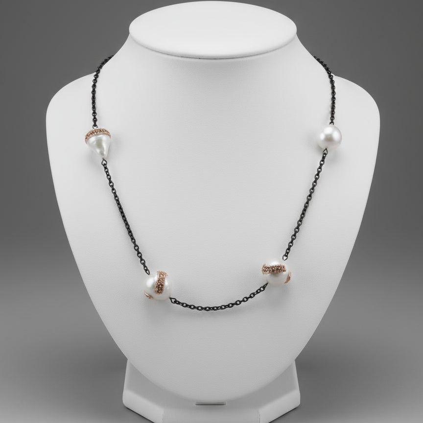 SILVER CHAIN PEARL CZ NECKLACE
