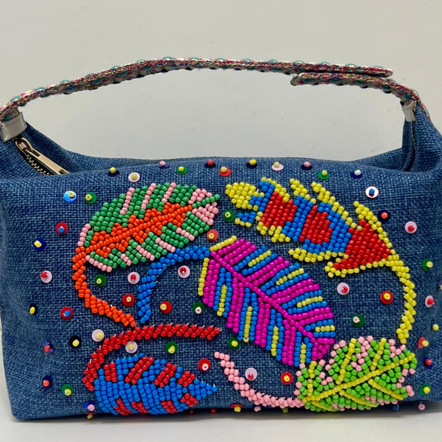 DENIM FEATHER CLUTCH BAG