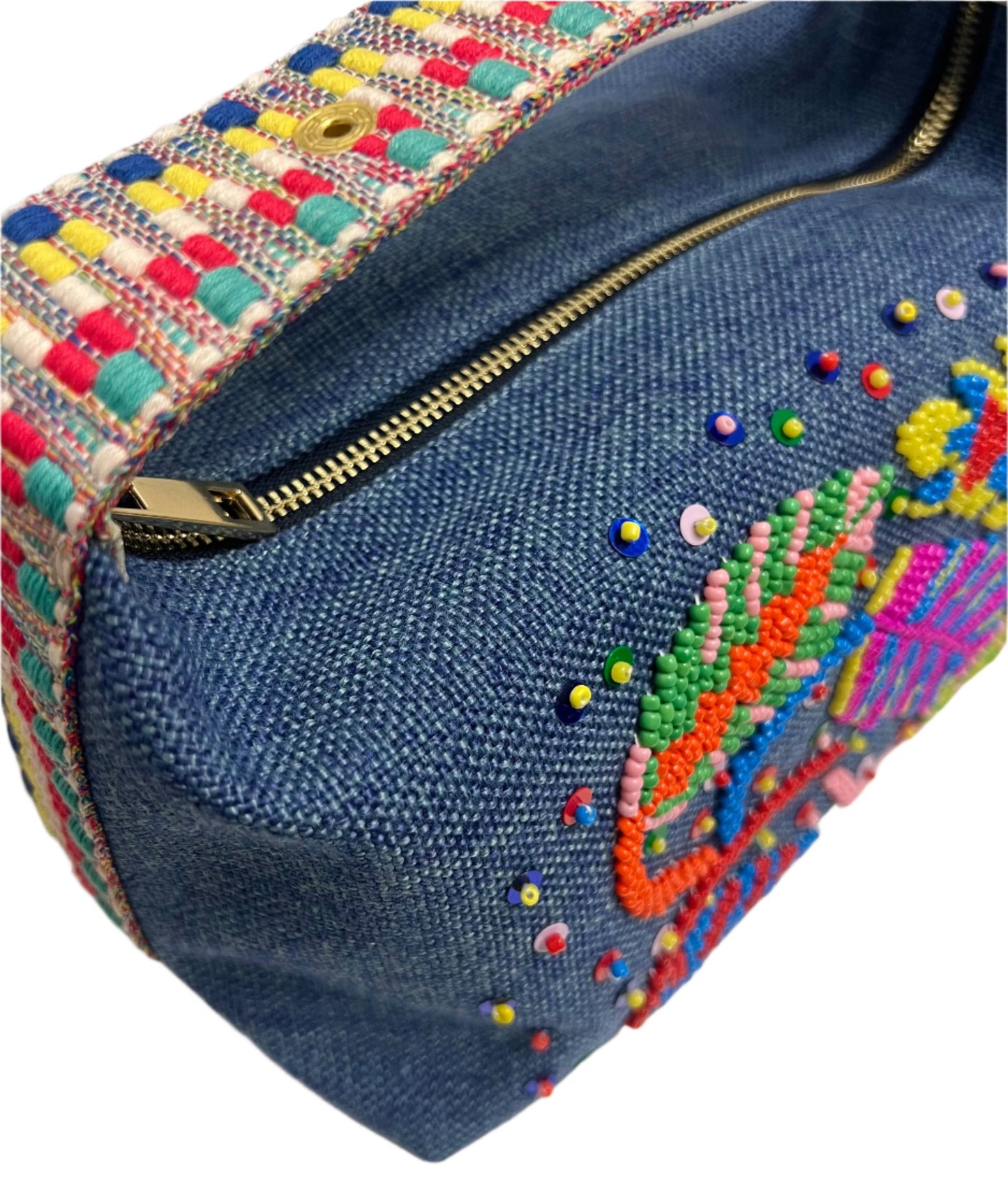 DENIM FEATHER CLUTCH BAG