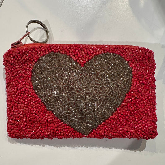 RED BEADED COIN PURSE W SILVER HEART