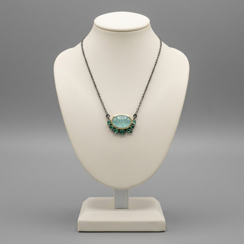 AQUAMARINE CABOCHON PENDANT CHAIN NECKLACE