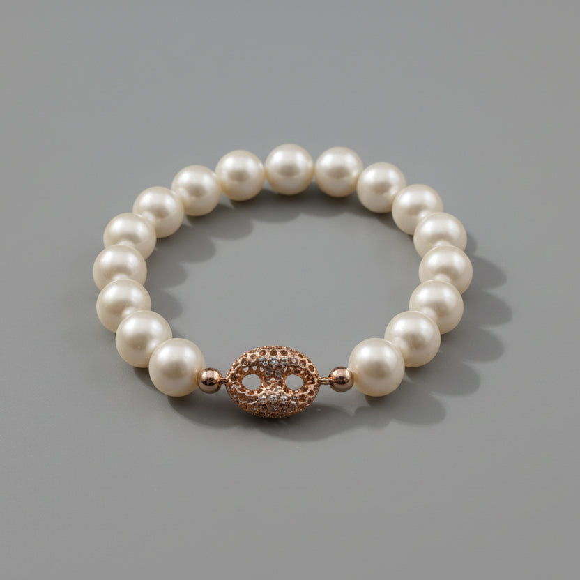 14KT YELLOW GOLD AND PEARL LINK BRACELET
