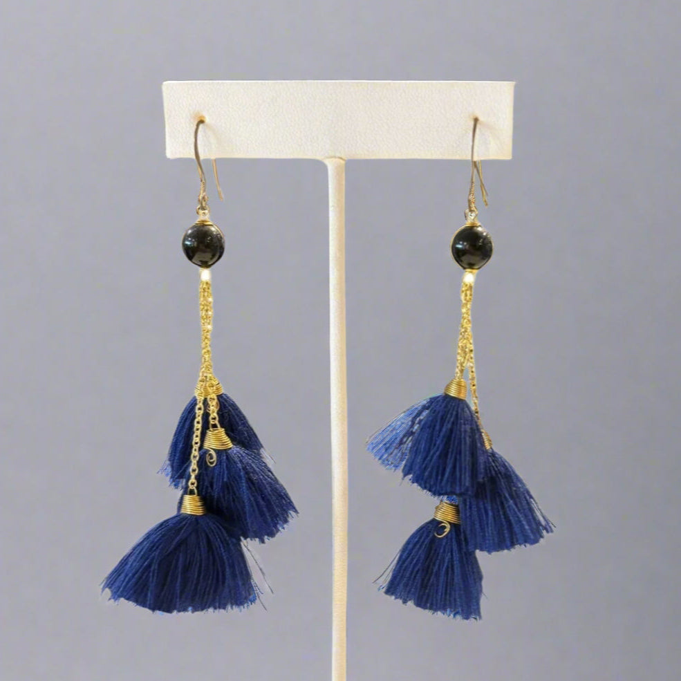 TRIPLE TASSEL INDIGO EARRINGS