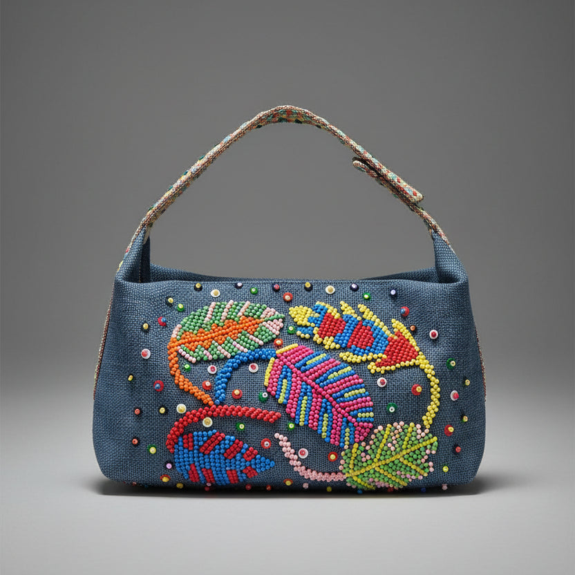DENIM FEATHER CLUTCH BAG