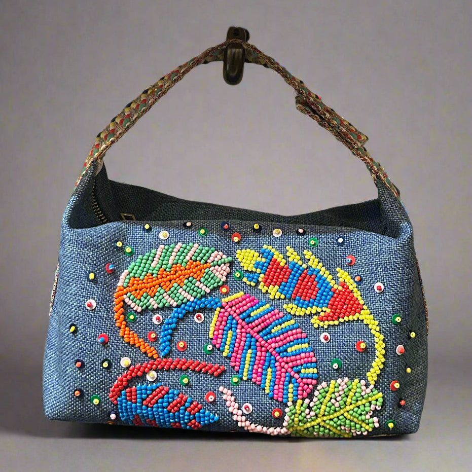 DENIM FEATHER CLUTCH BAG