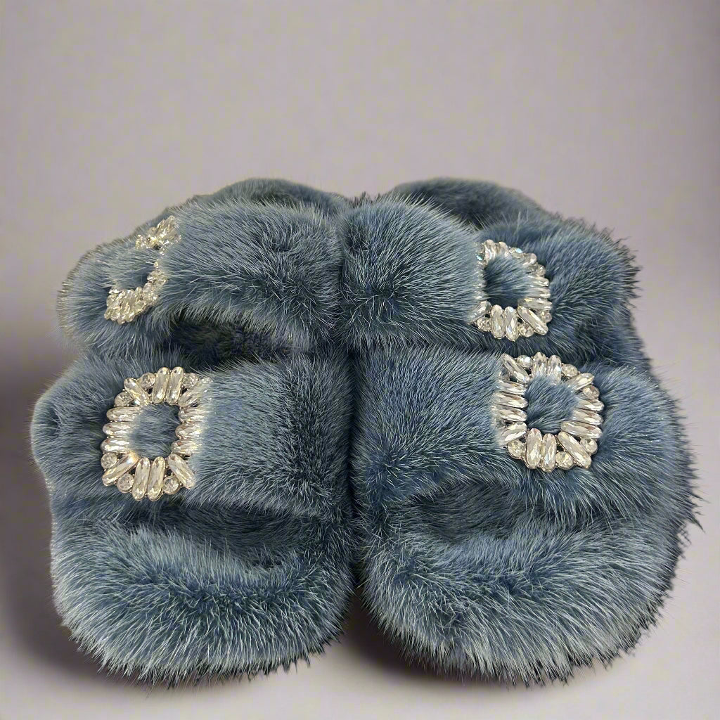MINK SLIDES WITH CRYSTAL BUCKLES