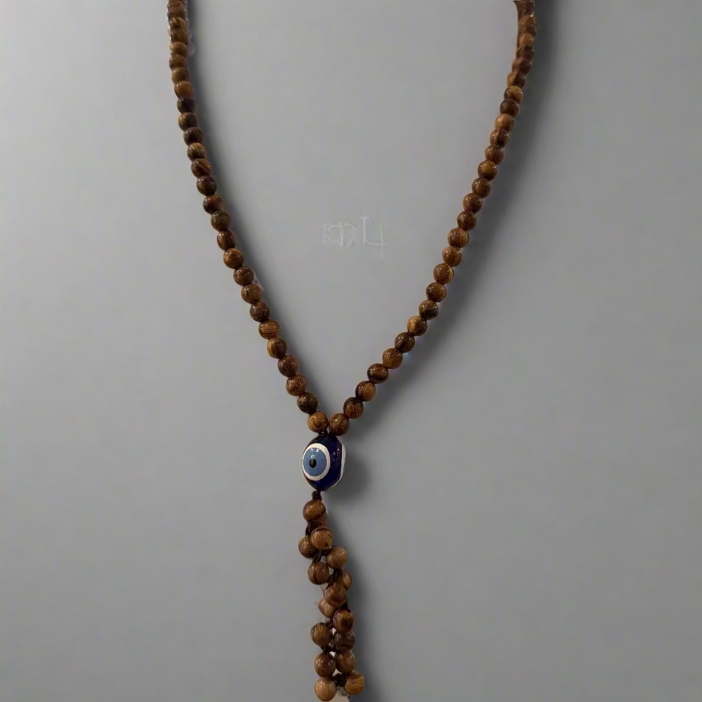 WOOD BEADED NECKLACE W EVIL EYE