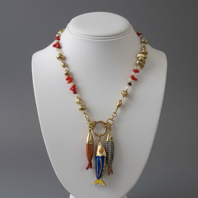 ENAMEL CORAL FISH TRIO NECKLACE