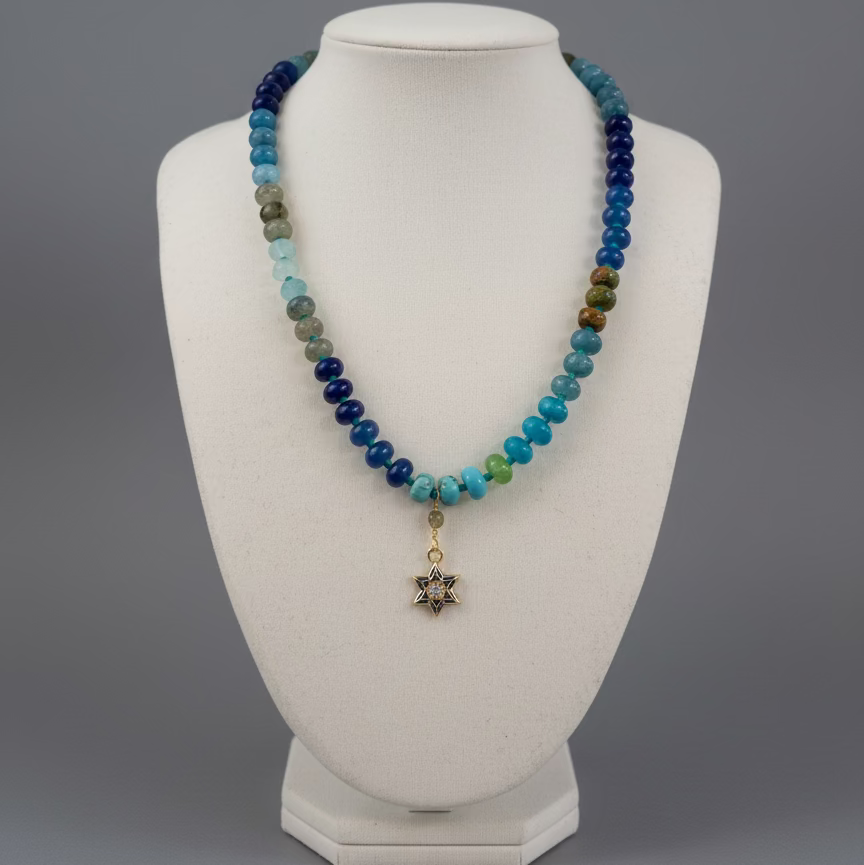 BLUE BEADED STAR OF DAVID NECKLACE