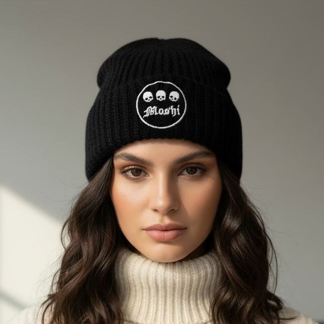 Black beanie with 'Moshi' logo on a mannequin head in a store setting