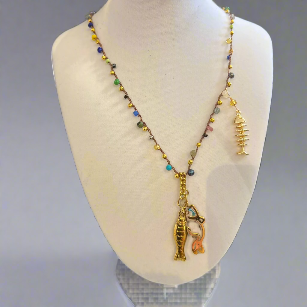 MULTICOLORED BEAD HAND CROCHET CHAIN