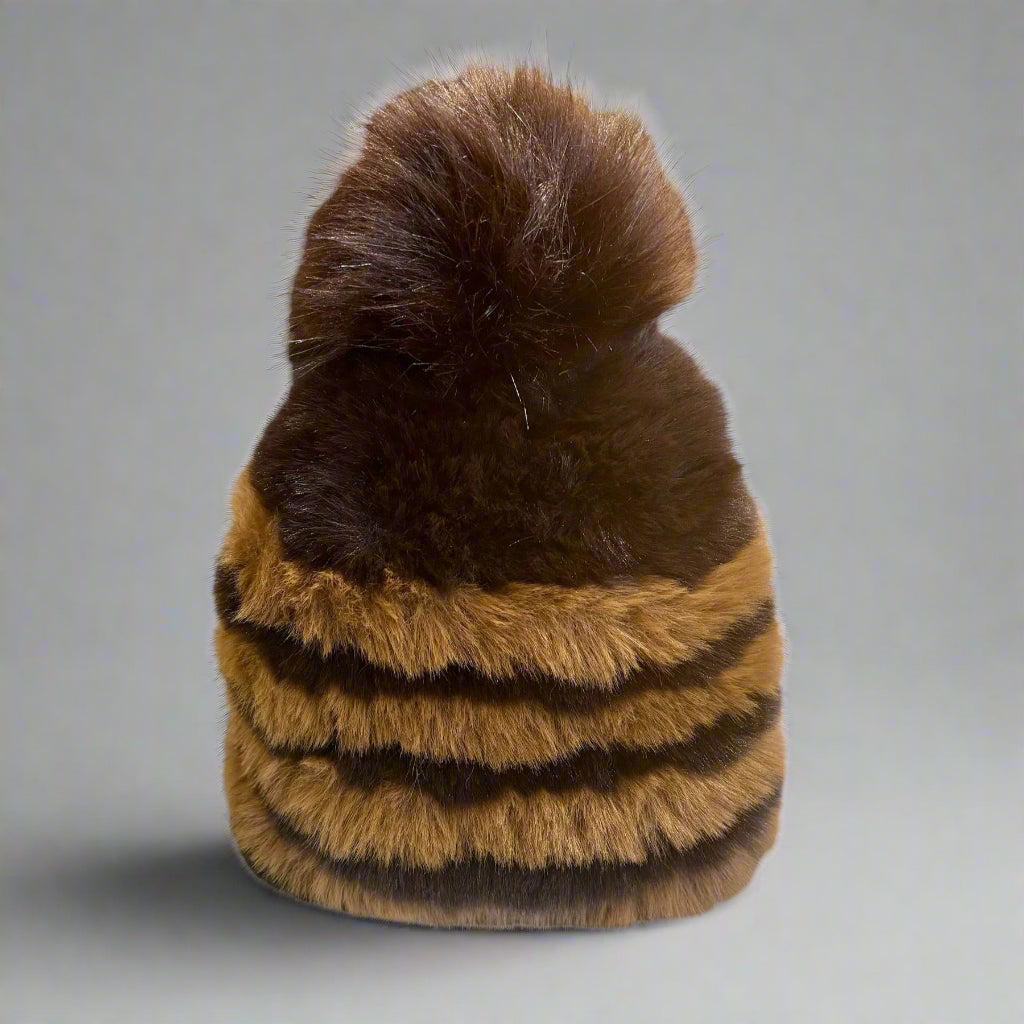 STRIPED KNITTED FAUX FUR HAT