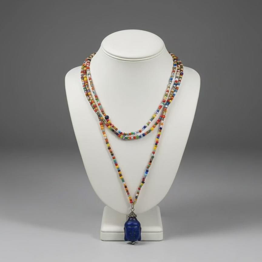 AFRICAN BEADS BLUE LAPIS BUDDHA NECKLACE