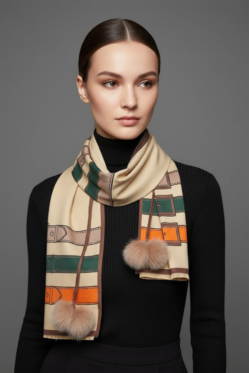 WOVEN WIDE WITH BELT DESIGN BROWN SCARF