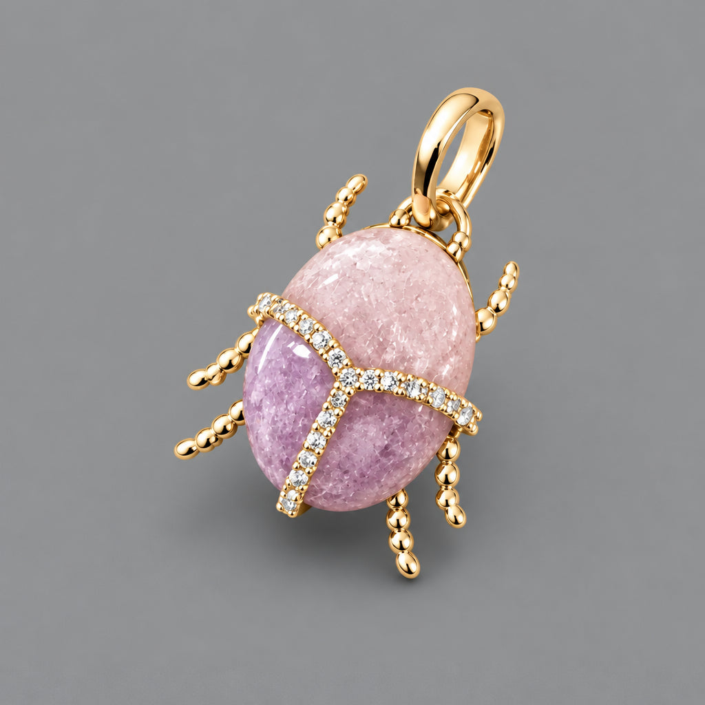 KUNZITE STONE BEETLE 14CT GOLD PENDANT