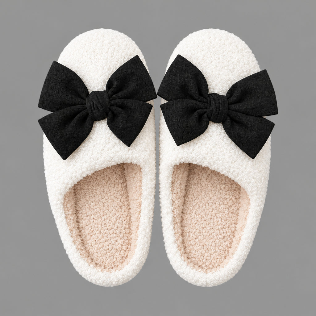 BETTY BOW BLACK FUZZY SLIPPERS
