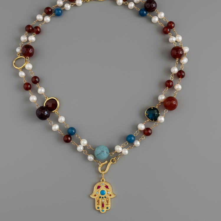 MULTIAGATE PEARLS CZ SS NECKLACE
