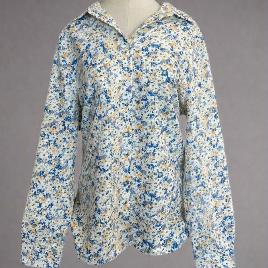 BLUE FLORAL BLOUSE W EMBROIDERY