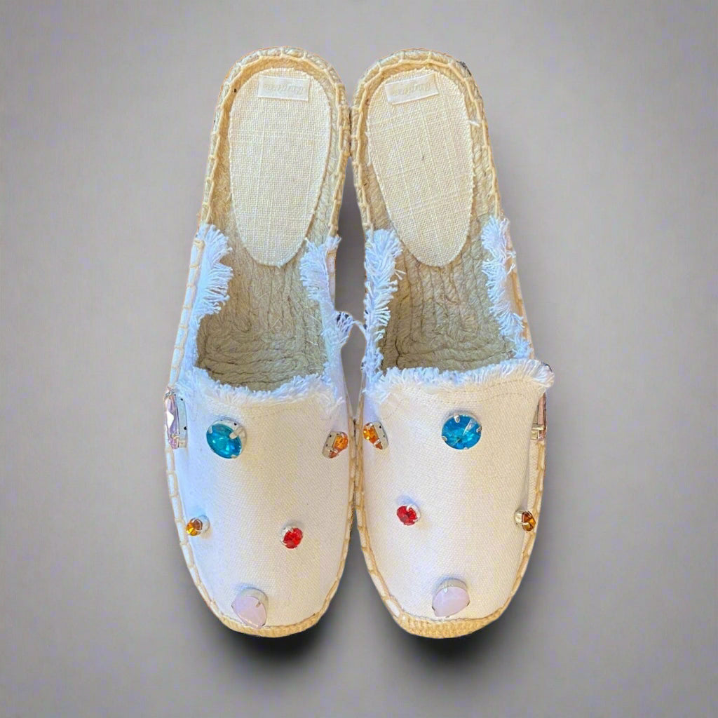 JEANS/WHT RHINESTONE SLIDES