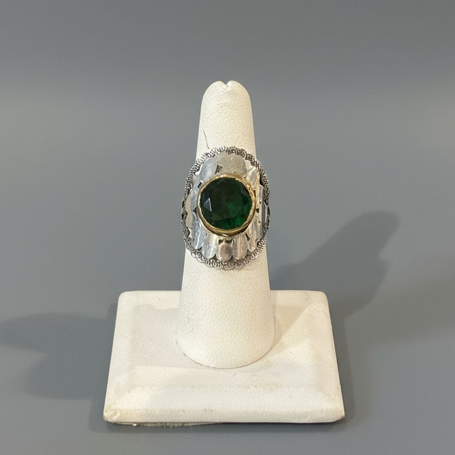 SILVER AND GREEN CRYSTAL RING