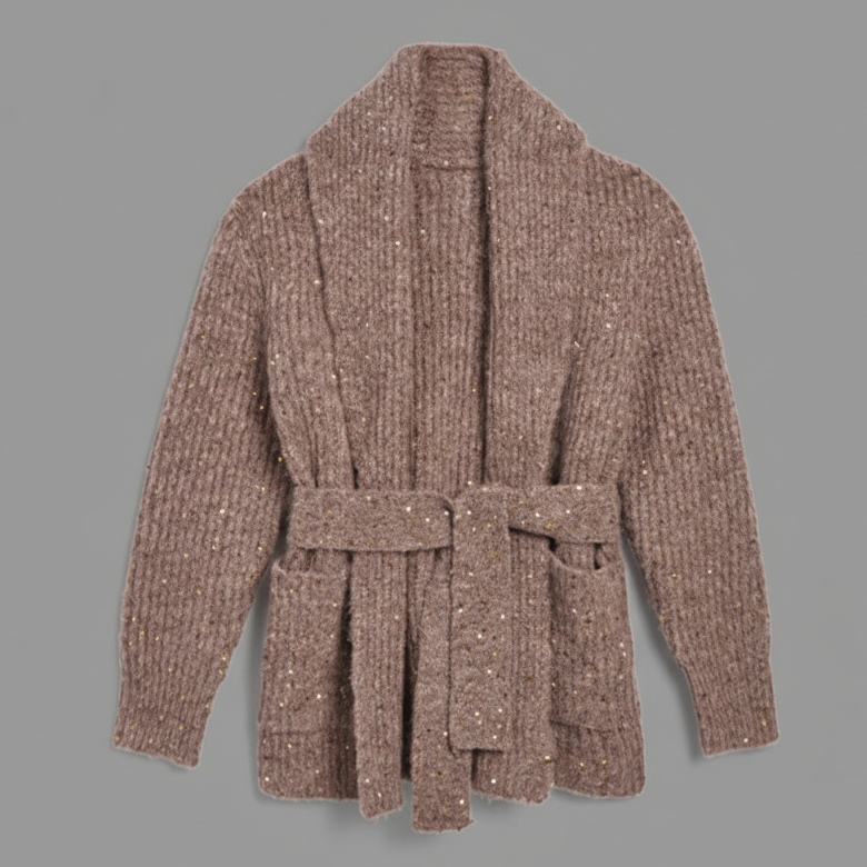 RIB KNIT SHAWL WITH BELT AND SEQUINS