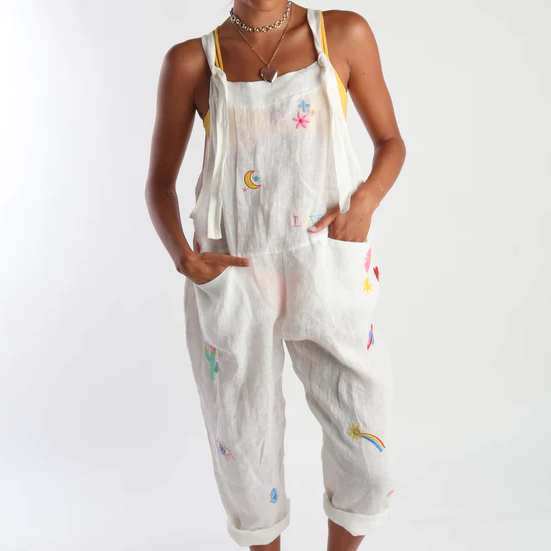 GROOVY LINEN OVERALLS -WHITE OS