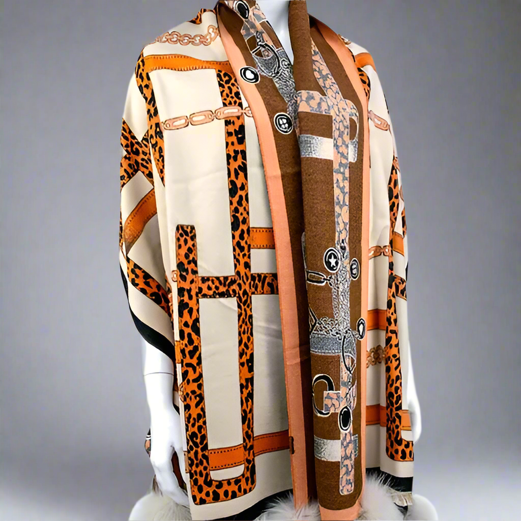 ORANGE WOVEN WIDE SCARF WITH ANIMAL PRINT