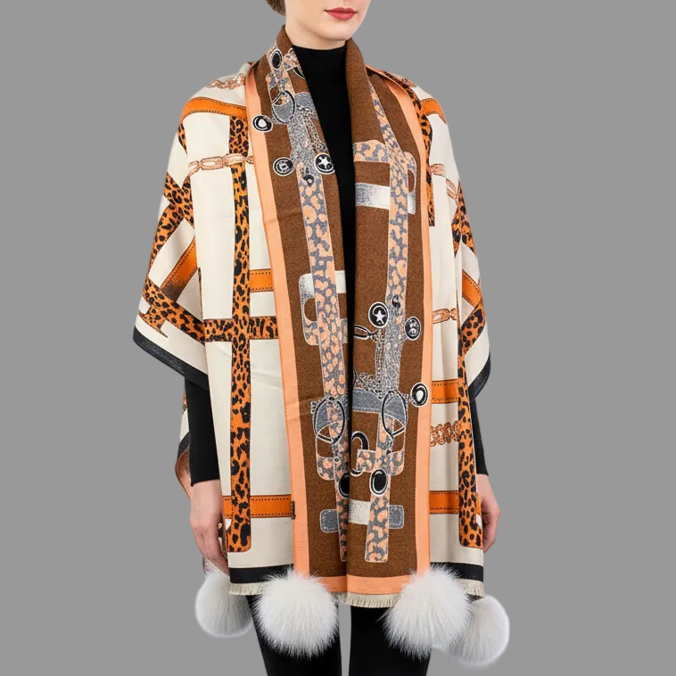 ORANGE WOVEN WIDE SCARF WITH ANIMAL PRINT