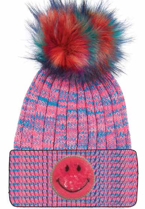 SMILEY KNIT HAT FAUX POM