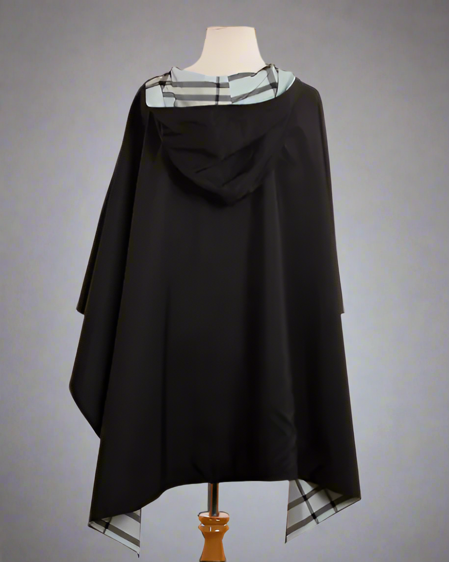 HOODED BLACK & LIGHT BLUE PLAID RAINRAP