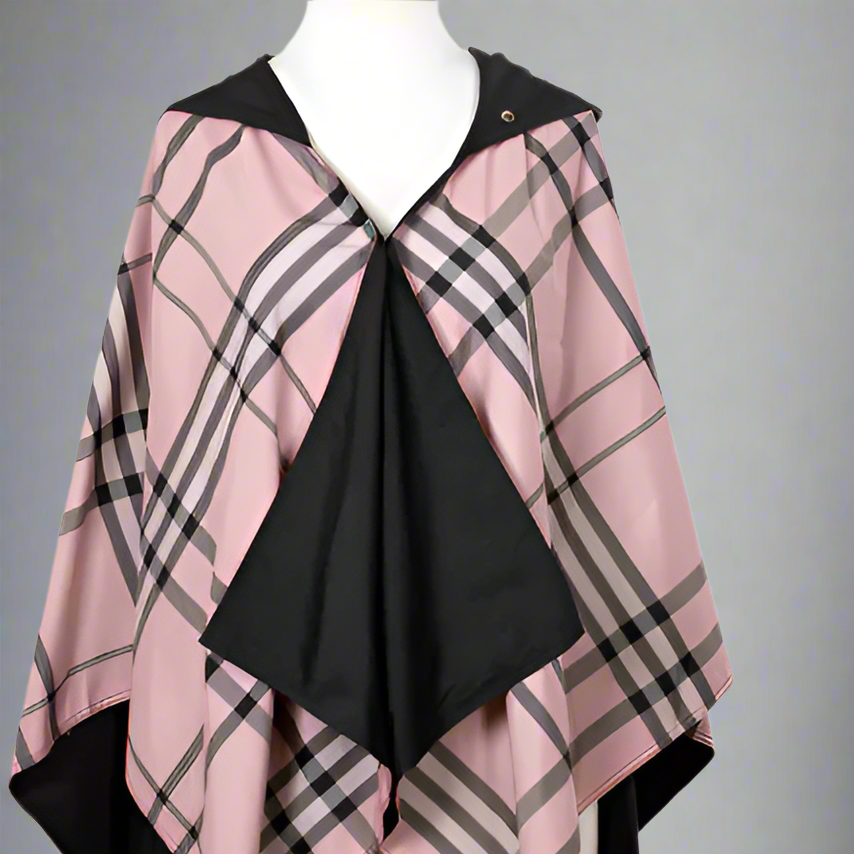 HOODED BLACK & PINK PLAID RAINRAP