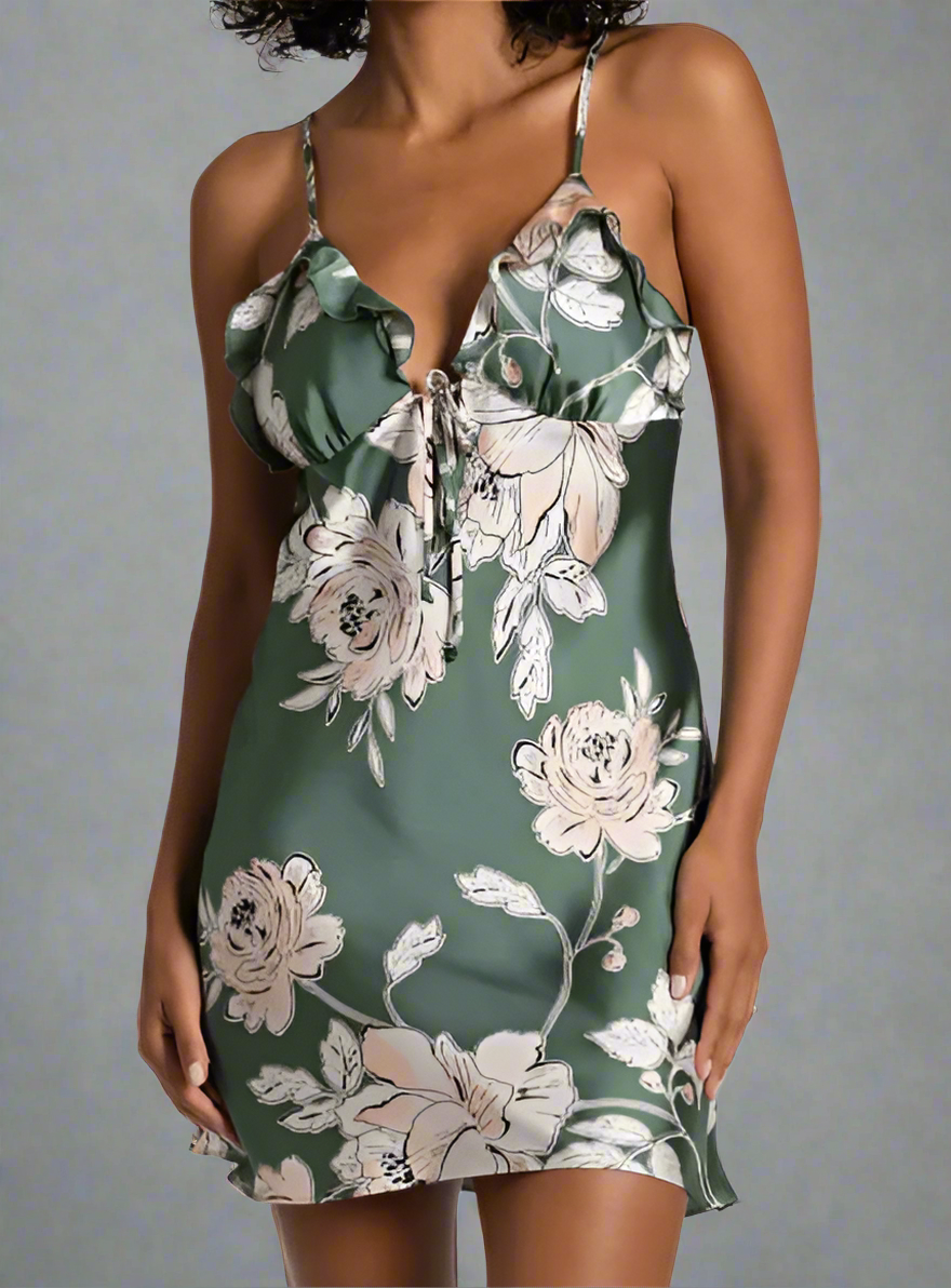 FIJI FLORAL RUFFLE TRIM SATIN CHEMISE