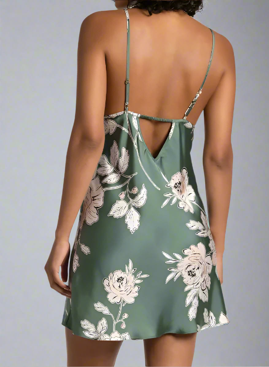 FIJI FLORAL RUFFLE TRIM SATIN CHEMISE