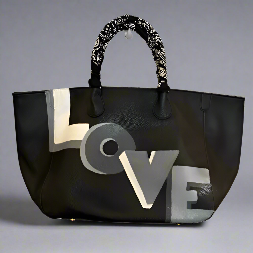 A black tote bag with a bold 'LOVE' lettering in white and gray, featuring a patterned handle.