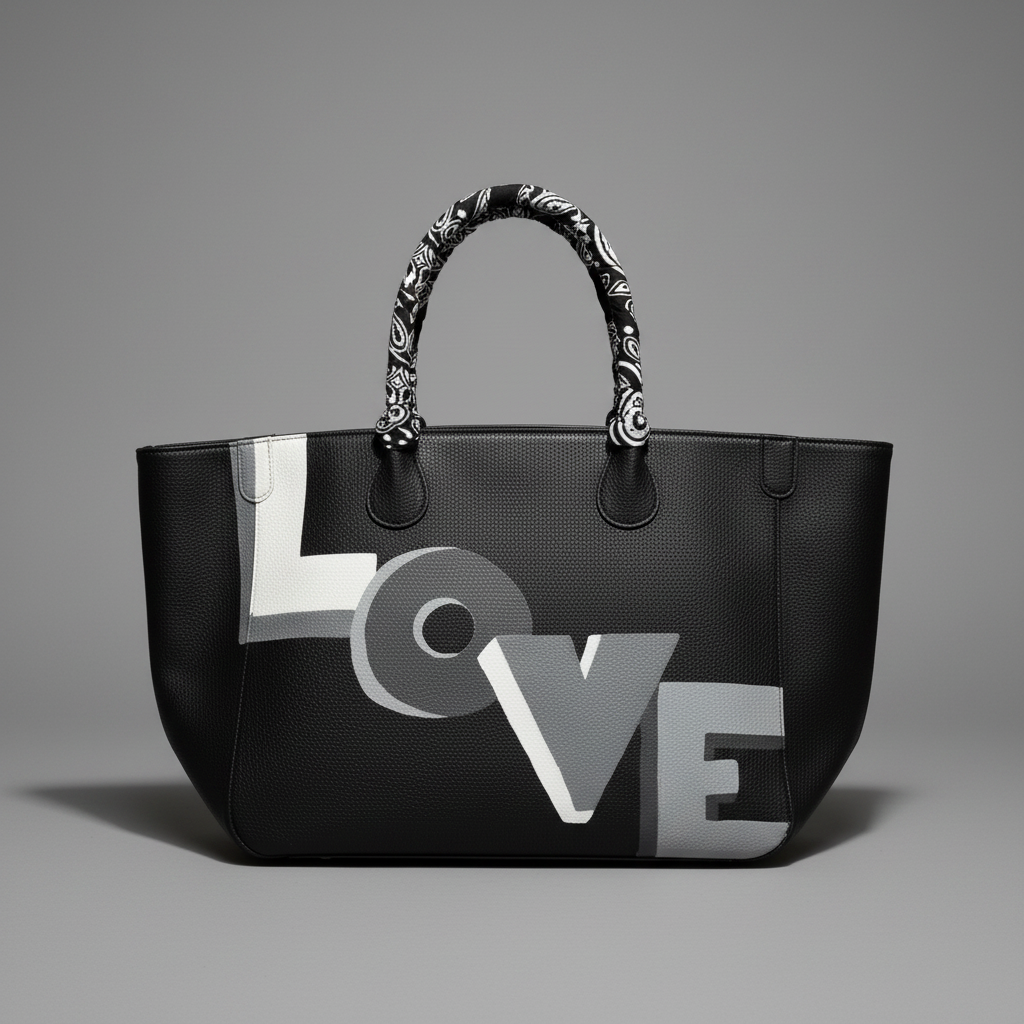 A black tote bag with a bold 'LOVE' lettering in white and gray, featuring a patterned handle.