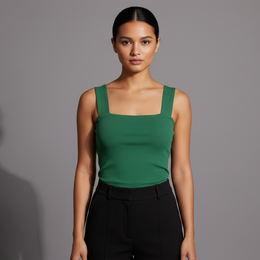 Green tank top worn by a model on a white background