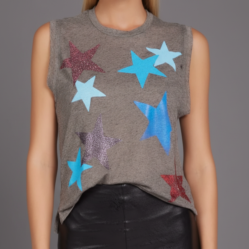 A gray tank top with blue and red star applique, featuring a crew neckline and short sleeves.