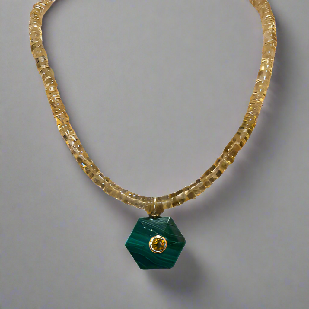 CITRINE NECKLACE WITH MALACHITE PENDANT