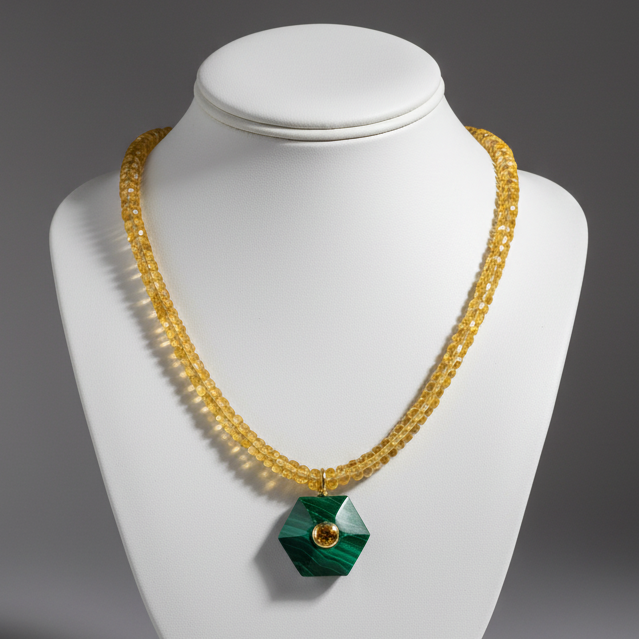 CITRINE NECKLACE WITH MALACHITE PENDANT