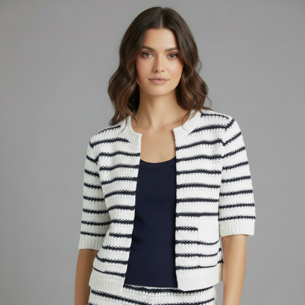 Person wearing a white and black striped sweater with a white background
