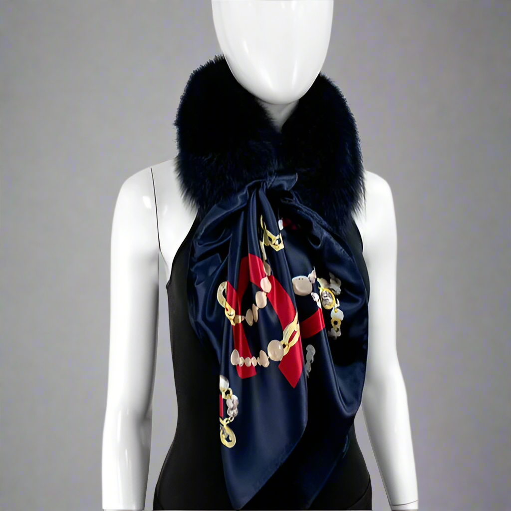 NAVY FOX COLLAR SILK SCARF