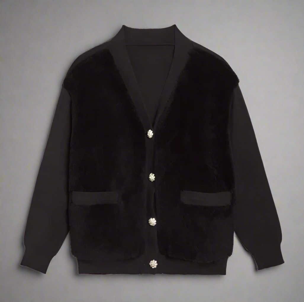 KNIT CARDIGAN WITH SHEARED SHERPA